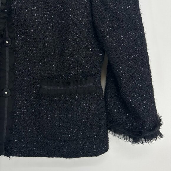 Talbots Metallic Tweed Blazer Jacket 4 Black Silver Shimmer Wool Blend Fringe - Picture 5 of 7